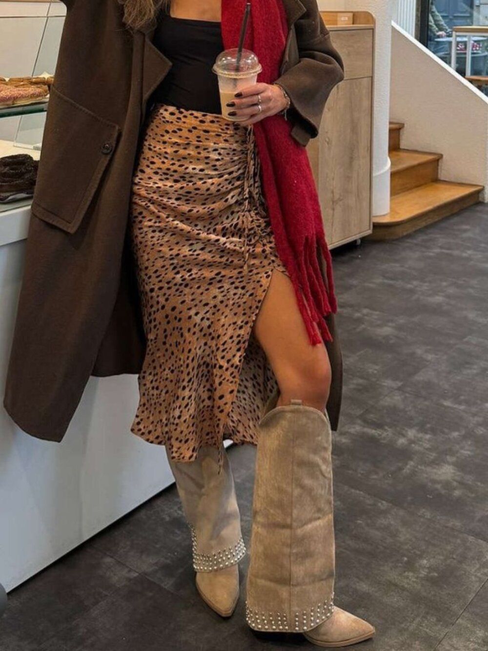 Cider Leopard Print Ruched Drawstring Midi Skirt Brown S